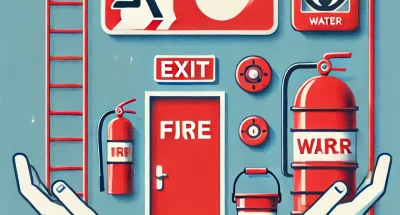 DALL·E 2024-12-18 09.14.36 - An AI-generated vector-style illustration of a fire safety setup. The image includes a bright red fire exit sign with a flame symbol and running perso
